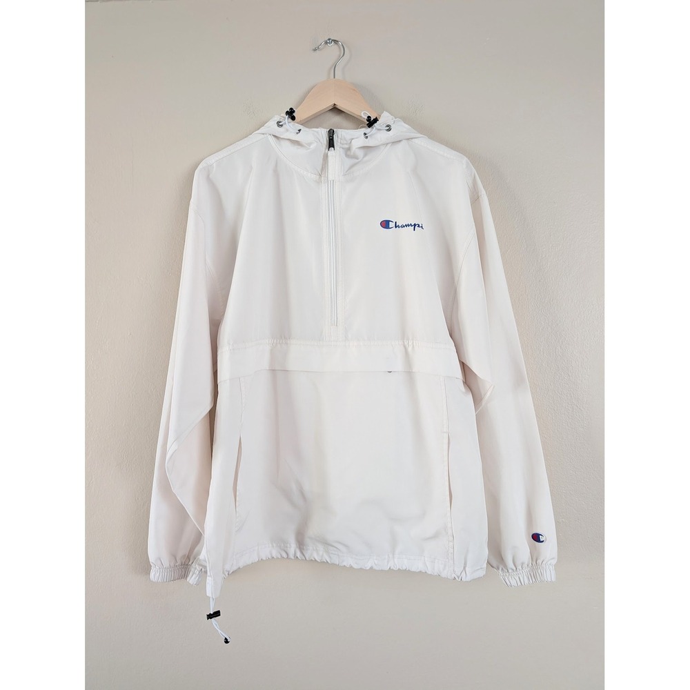 Champion Mens‎ M White Quarter Zip Packable Windbreaker Anorak Jacket Gorpcore